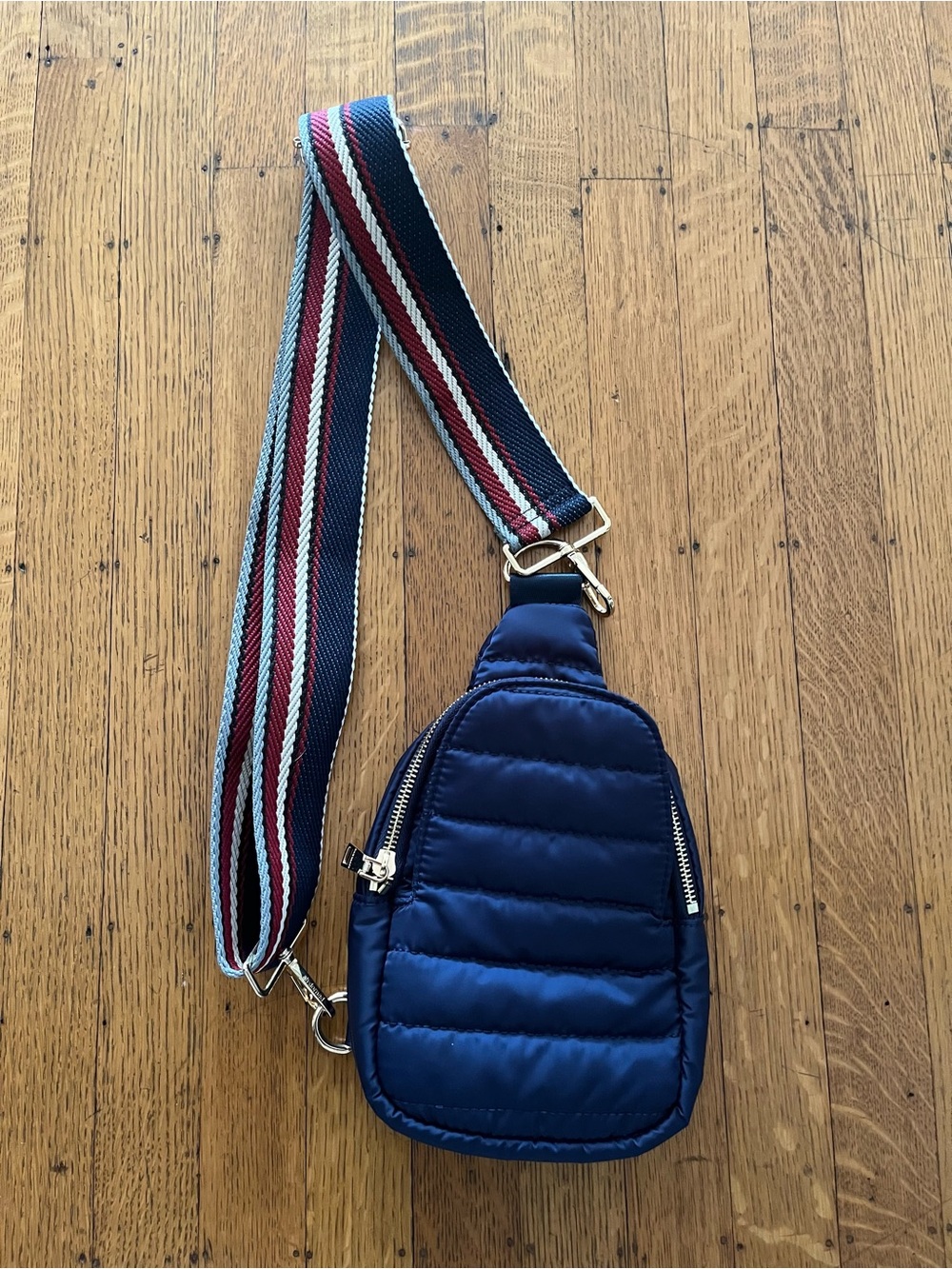 Quilted Navy Crossbody Sling Bag with Striped Strap